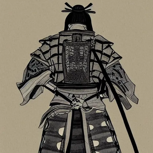 Prompt: A FULL BODY PORTRAIT FROM BEHIND OF A SAMURAI WITH 2 KATANAS , concept art,HIGHLY DETAILED ink style , sketch