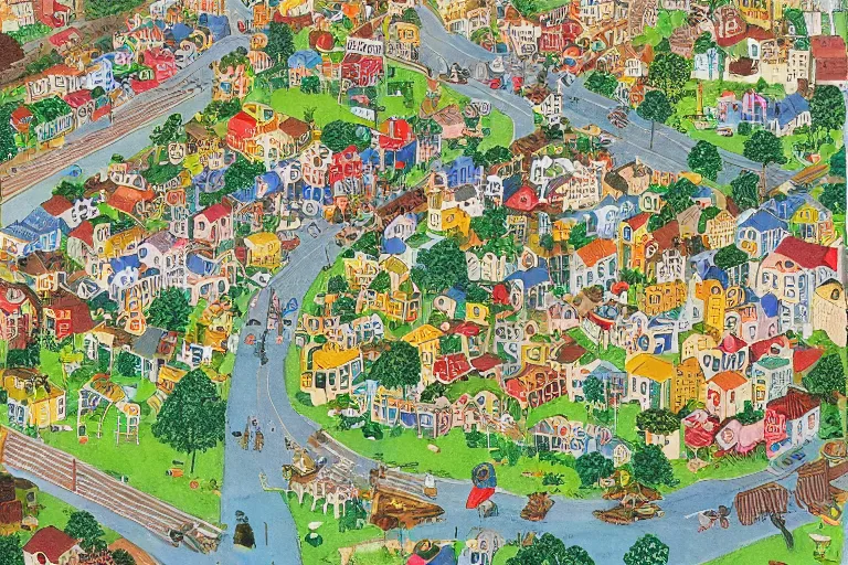 Image similar to an elaborate and dense painting of a peaceful neighborhood, detailed, made of alcohol ink on parchment and penned illustrations, by richard scarry