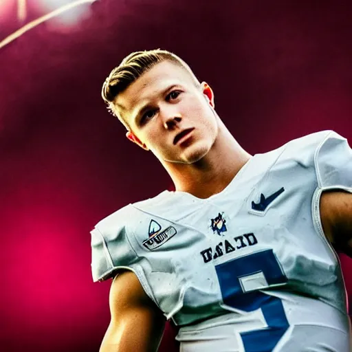 Image similar to “ a realistic detailed photo of a guy who is an attractive humanoid who is half robot and half humanoid, who is a male android, football player christian mccaffrey, shiny skin, posing like a statue, blank stare, on the field, on display ”