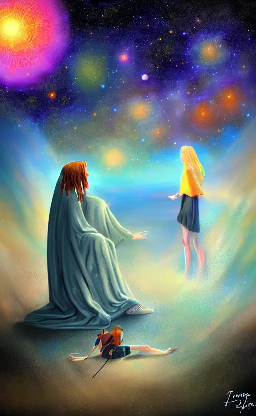 Image similar to Meeting God in the universe, digital art, trending on art station