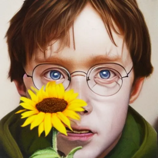 Prompt: hyperrealism portrait where harry potter appears holding and smelling a sunflower, in the background is the moon