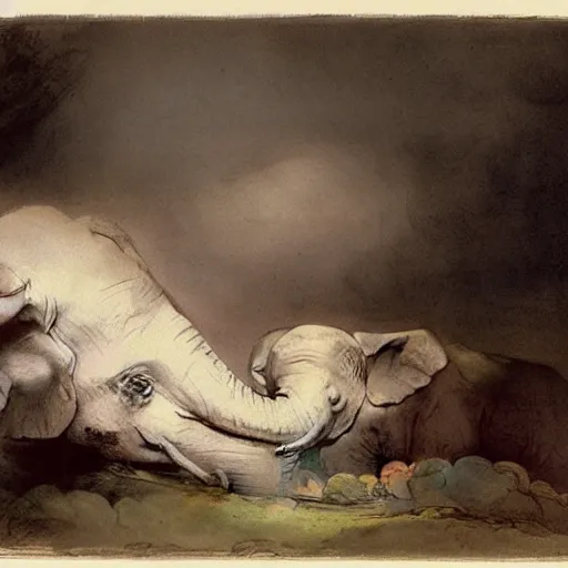 Prompt: “falling asleep with cute elephants made from clouds, illustration, detailed, smooth, pink white and green, by Adolf lachman, Rembrandt, Goya,”