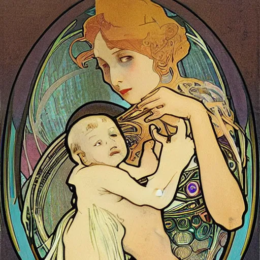 Prompt: A delicate painting of a grey alien stealing a baby, by Alphonse Mucha, art nouveau, detailed, elegant