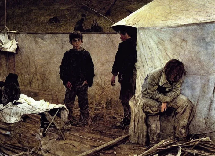 Image similar to poor child talking to an skinny teenager in a dirty makeshift hospital, painting by andrew wyeth and alan lee, very detailed, somber mood,