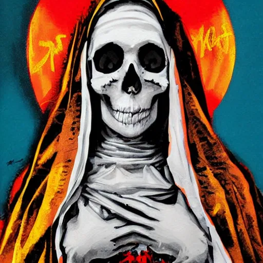 Image similar to painting of the virgin mary skull face by greg rutkowski and jc leyendecker with graffiti pop art