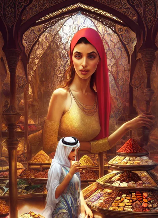 Prompt: a young arabian lady shopping at a desert spice market, shiny, fantasy, intricate, elegant, hyper detailed, ultra definition, photoreal, artstation, unreal engine rendered, concept art, smooth, sharp focus, illustration, art by artgerm and greg rutkowski and alphonse mucha and garis edelweiss