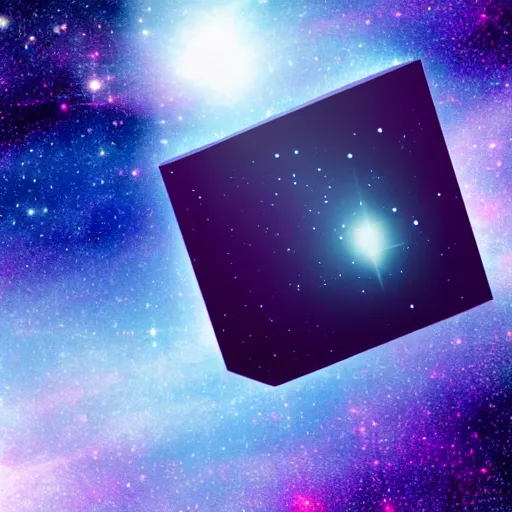 Prompt: an 11 dimensional cube floating in space in front of a violet galaxy with specs of stellar dust shining in the backness