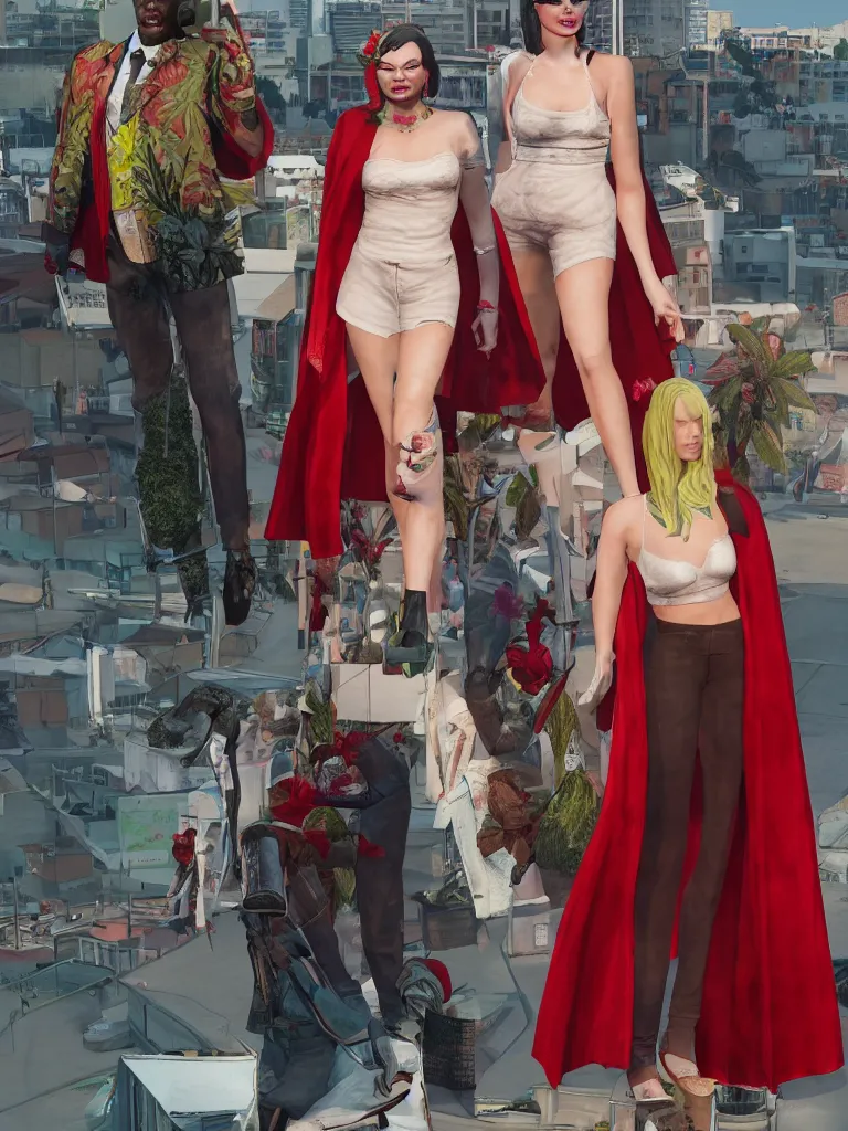 Prompt: Medium shot of a typical character in the styl margot robbie a red velvet cape and OG Kush Sativa flower calyx trichome crown edward julius as a character in gta v, amazing detail