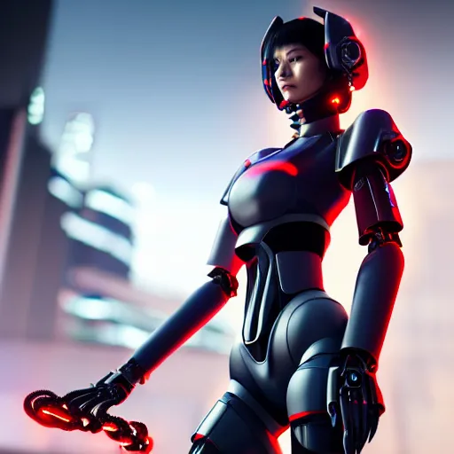 Image similar to A hyperrealistic portrait painting of a cyber warrrior girl wearing futuristic mecha suit without helmet, black and reddish shinny color armor, ultradetailed face expression trending on artstation and artbreeder, cyberpunk color heavy rainning at tokyo midnight rooftop, unreal 5, DAZ, 8k, unreal 5 engine render, cosplay, RPG portrait, final fantasy Vll world concept, dramatic lighting, rim lights, PS5 render quality