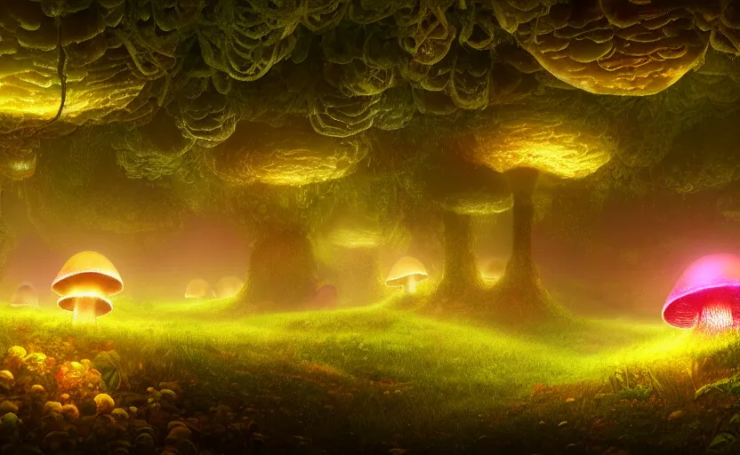 Image similar to a beautiful and stunning professional digital artwork of a glowing mushroom cave, haze, spores floating in the air, vines, night, volumetric lighting, hyperrealistic, rtx on, ultra detail