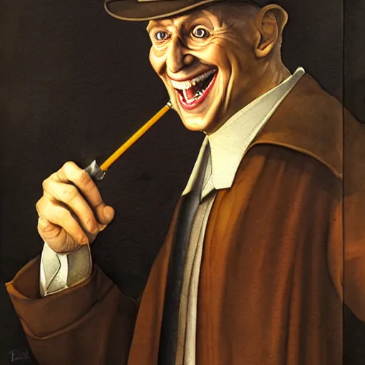 Prompt: portrait of inspector gadget manically laughing, it is evening, the mood of the picture is dark and menacing, watercolor ,hyper detailed, hyper realistic, by Leonardo da Vinci