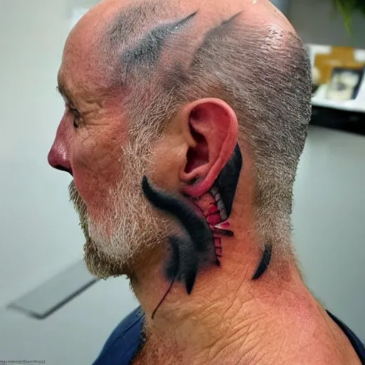 Image similar to an 8 k hdr ultra realistic photo of a contemporary award winning rat tattoo on an old man ’ s bald head