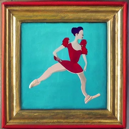 Image similar to square painting of a ballerina drinking wine in a teal room all on a red background