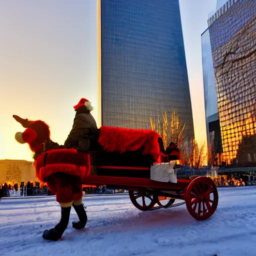 Image similar to santa claus in a sleigh in front of world trade center with a beautiful sunset in the background