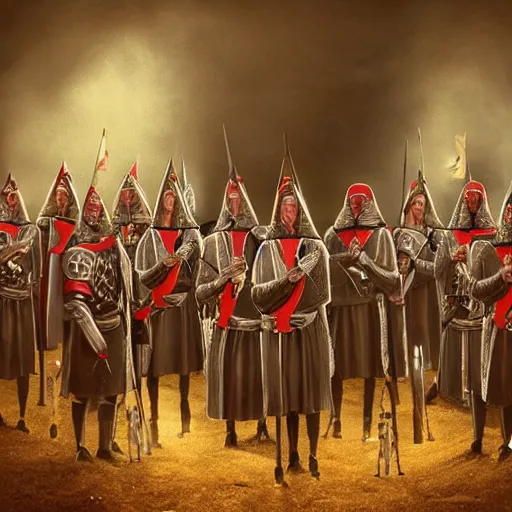 Image similar to award winning portrait photo of knights templar having a party, photorealistic