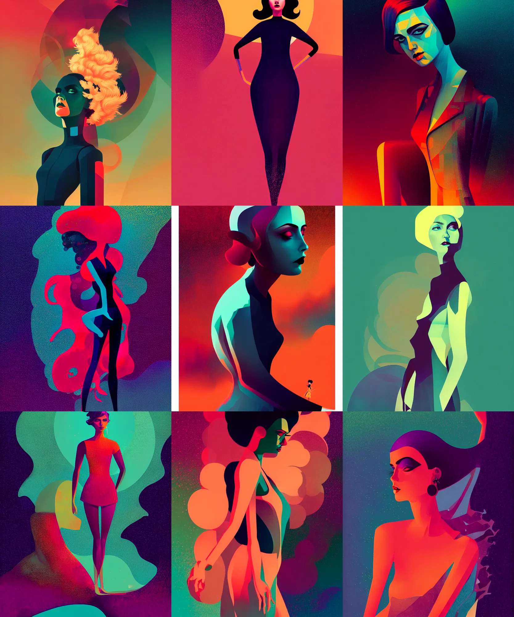 Prompt: ( ( dither ) ), editorial illustration full body portrait of aya gloomy posing, dynamic pose, modern art deco, colorful, ( ( mads berg ) ), christopher balaskas, victo ngai, rich grainy texture, detailed, dynamic composition, wide angle, matte print