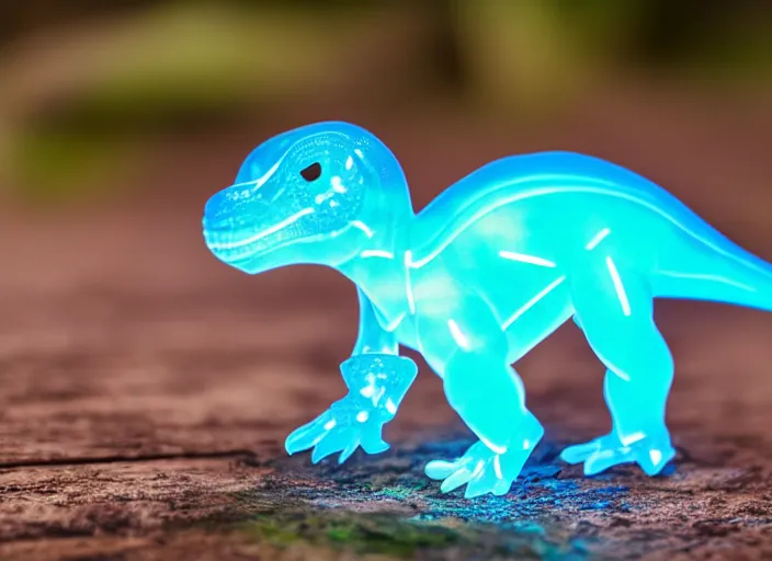 Prompt: photo of a translucent clear chibi style baby dinosaur made out of clear glass, but has blue hypercolor glowing electric energy inside its body, in the forest. fantasy magic style. highly detailed 8 k. intricate. nikon d 8 5 0 3 0 0 mm. award winning photography. design by pixar