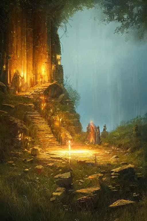 Prompt: the legend of king arthur ruins by the sea artstation colorful, high quality evening fireflies, sharp focus by greg rutkowski