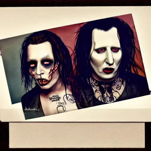 Prompt: A photorealistic polaroid image of Johnny Depp and Marilyn Manson performing together in a band. Trending on Artstation, featured on Behance, well-rendered, intricate, highly detailed, very crispy, Unreal Engine, 4K HD