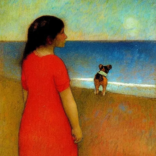 Prompt: a woman and her black and brown chihuahua looking out to sea by odilon redon