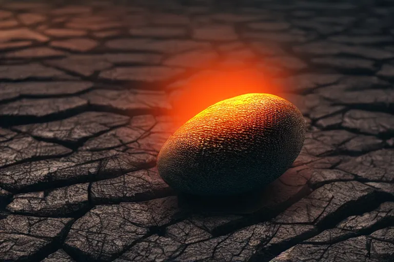 Image similar to a scaly dragon egg made from opalescent coal and molten lava, on a carved stone floor against a forest background photorealistic, dlsr, octane render, 8 k, cinematic lighting