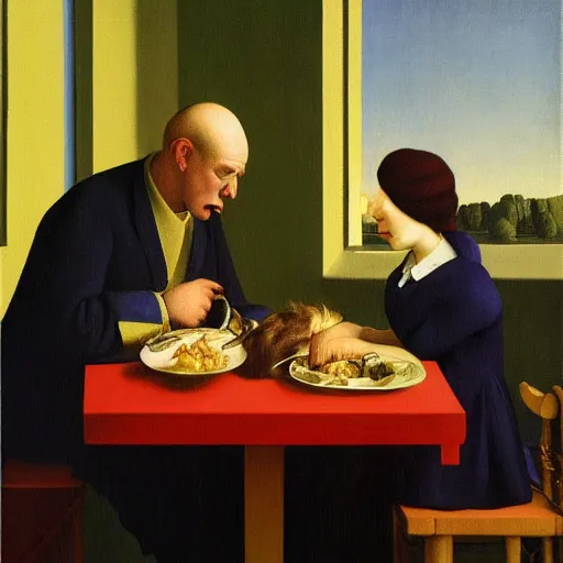 Image similar to a boring man and his dog sharing a meal by Raphael, Hopper, and Rene Magritte. detailed, romantic, enchanting, trending on artstation.