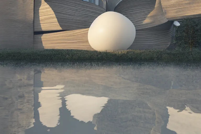 Image similar to a building formed by the intersection and combination of egg shaped spherical spaces of different sizes, on the calm lake, people's perspective, future, interior wood, marble, award winning, highly detailed 4 k art, dusk, unreal engine highly rendered, global illumination, radial light, internal environment by kazuyo sejima