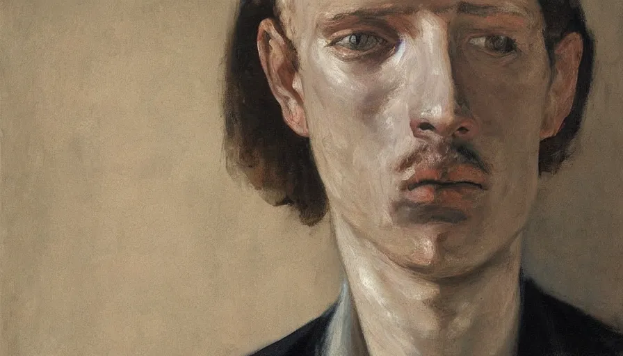 Image similar to painting by borremans, a man looks like mirroring himself, detailed, stunning