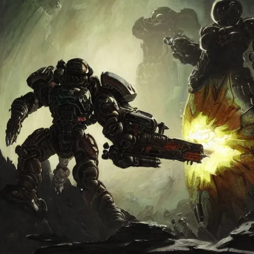 Image similar to doom slayer fighting russians, pre renaissance art, tsutomu nihei art,