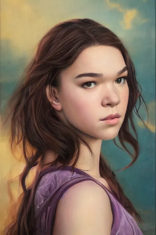 Prompt: Beautiful oil painting of Hailee Steinfeld as Kate Bishop by Titian and Chie Yoshii, portrait, Marvel, Hawkeye, blush, symmetrical face, intricate, face, elegant, light purple mist, highly detailed, dramatic lighting, sharp focus, blue eyes, black hair