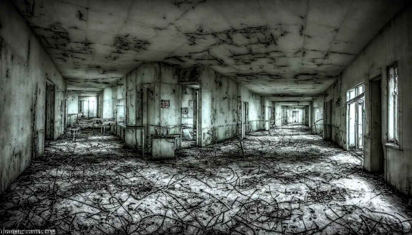 Image similar to hospital in pripyat, dark, atmospheric, scary, claustrophobic, ambient vibe