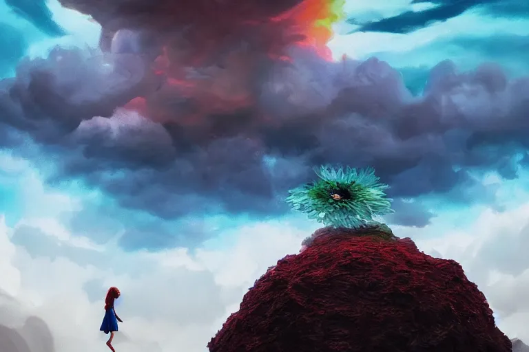 Image similar to face covered giant dahlia flower, girl on mountain, surreal photography, blue storm clouds, dramatic light, impressionist painting, digital painting, artstation, simon stalenhag