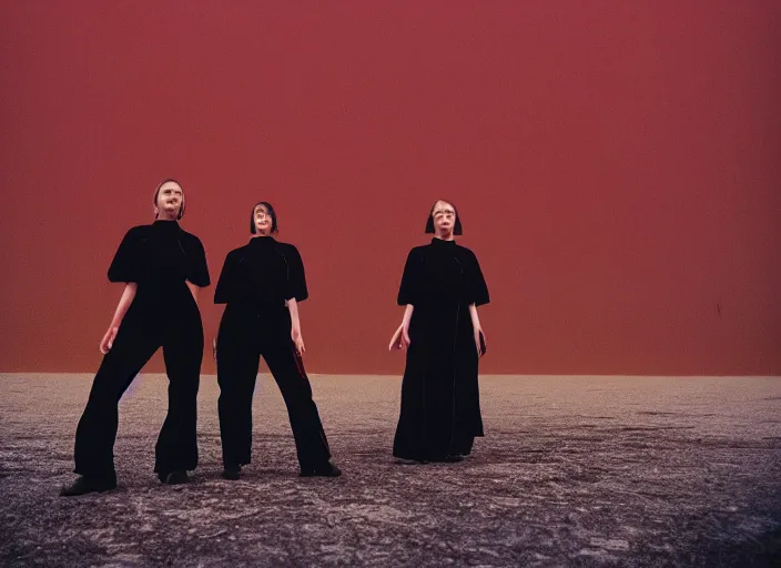 Image similar to cinestill 5 0 d closeup photographic portrait of two clones in front of a brutalist metal building, techwear women, on a desolate plain, red sky, black oversized clothes, depth of field, 4 k, 8 k, hd, full color