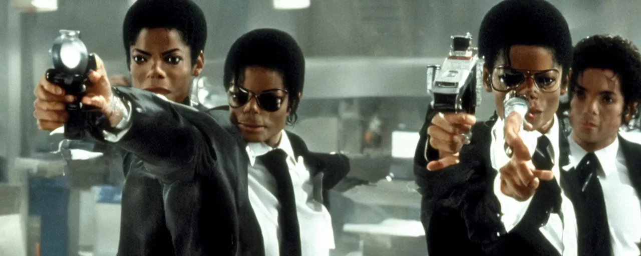 Image similar to michael jackson with very short hair in men in black pointing the neuralyzer at will smith