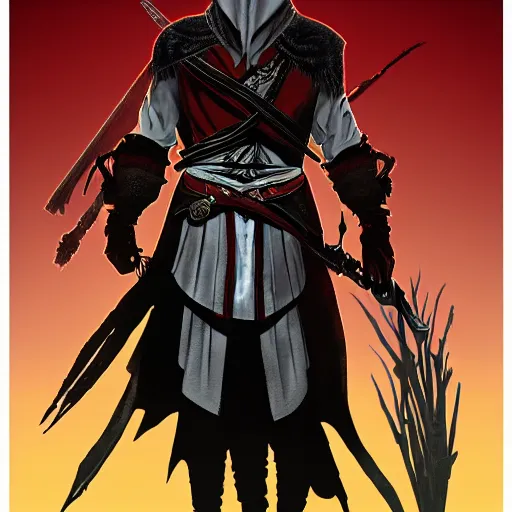 Image similar to an ultra detailed vector image of ezio auditore dressed as the hunter from bloodborne, concept art by alphonse mucha and greg rutkowski, praise the blood moon, octane render, liminal space