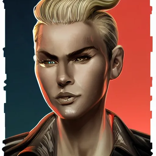 Prompt: character concept art of heroic stoic emotionless butch blond handsome woman engineer with very short slicked - back butch hair, narrow eyes, wearing atompunk jumpsuit, retrofuture, highly detailed, science fiction, illustration, pulp sci fi