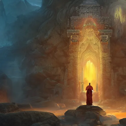 Image similar to mage monk in lost temple, unreal engine, digital, artstation, detailed illustration, heavenly atmosphere, digital art, overdetailed art, concept art, complementing colors, trending on artstation, cgstudio, the most beautiful image ever created, dramatic, subtle, details, award winning artwork, beautiful scenery