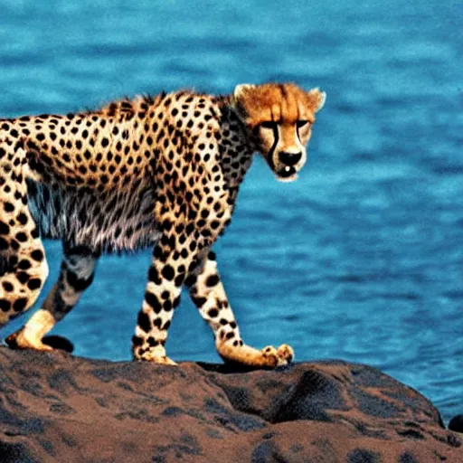 Prompt: a cheetah emerging from the ocean,