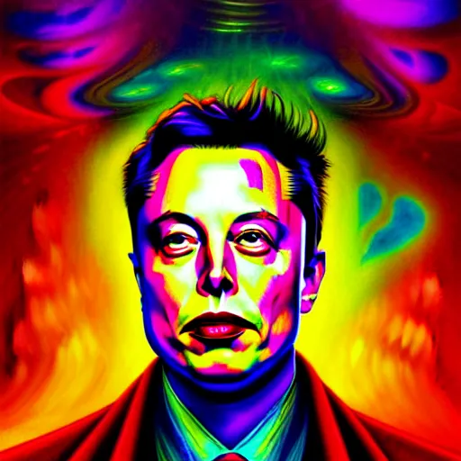 Image similar to An extremely psychedelic portrait of Elon Musk, surreal, LSD, face, detailed, intricate, elegant, lithe, highly detailed, digital painting, artstation, concept art, smooth, sharp focus, illustration