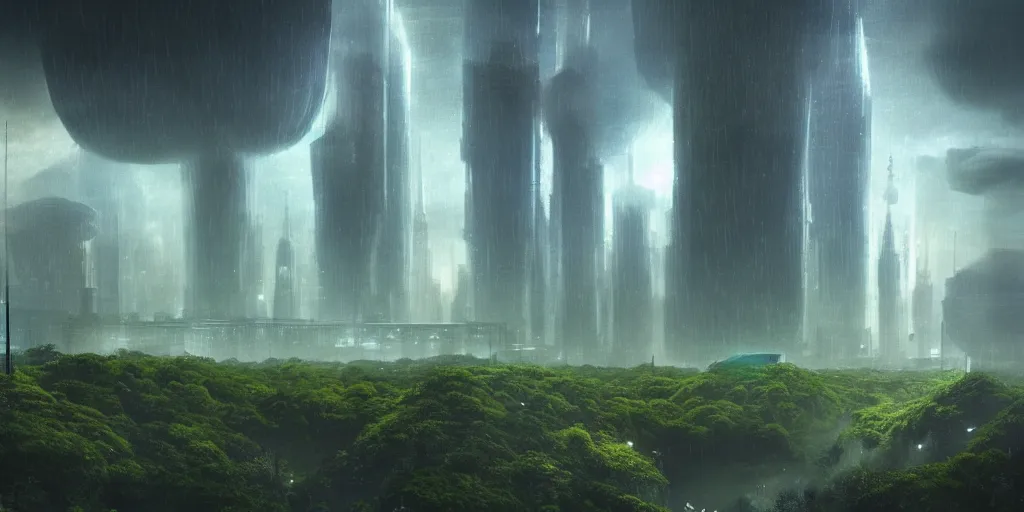 Image similar to a futuristic city scape of vertical organic farms, growing, mossy cellular structures, epic landscape, endless towering science fiction towers, raining, misty, in the style of john harris