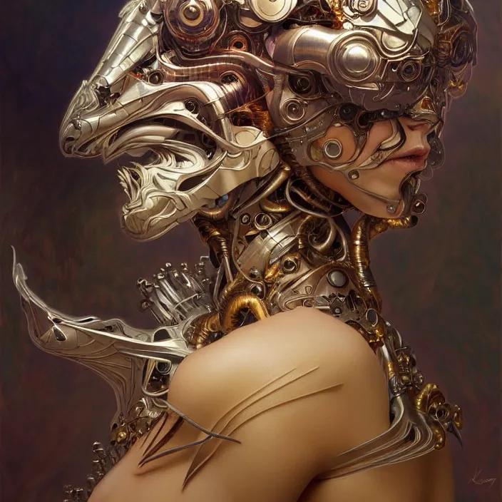 Image similar to organic cyborg, dragon mask opening, diffuse lighting, fantasy, intricate, elegant, highly detailed, lifelike, photorealistic, digital painting, artstation, illustration, concept art, smooth, sharp focus, art by John Collier and Albert Aublet and Krenz Cushart and Artem Demura and Alphonse Mucha