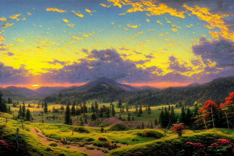 Prompt: sunset over rural oregon, by thomas kinkade