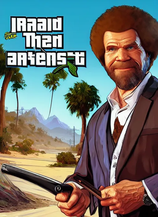 Image similar to bob ross in gta v, cover art by stephen bliss, artstation