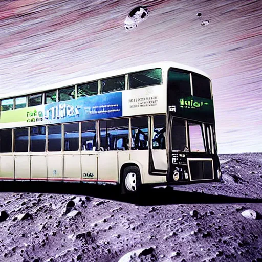 Image similar to realistic sci - fi high detailed photo of flixbus bus on the moon