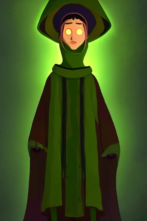 Image similar to A full body portrait of a cute shaman with no face, glowing eyes and a very long hooded dark green cloak of leaves in the style of Pixar, stylized