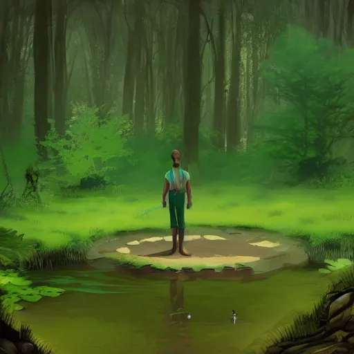 Prompt: a prince stands in a forest with a pond in the center, green color scheme, morning, artstation,