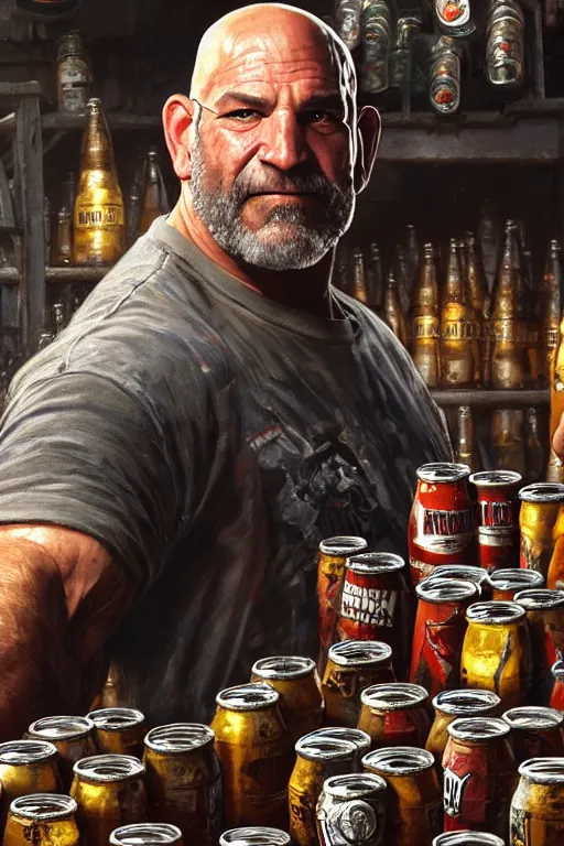 Prompt: close up portrait of goldberg wwf as a blacksmith, many beer cans in background, piles of beer cans, anvil, forge, portrait dnd, painting by gaston bussiere, craig mullins, greg rutkowski, yoji shinkawa