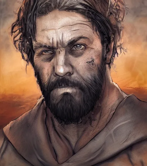 Prompt: portrait of muscular, tired and alcoholic 3 0 - year - ol 5 grieving man with short darkblonde hair, serious sad look in his eyes, looking down, dirty beard, blue eyes, crying tears, wearing dirty soldier uniform, on the desert, sad atmosphere, hyper realistic face, character art, art by mark brooks, cryengine, trending on artstation, digital art