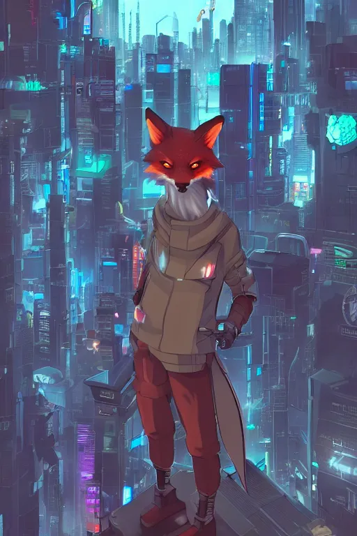 Image similar to a cyberpunk anthropomorphic fox with a fluffy tail staring over a futuristic city from the top of a roof, comic art, trending on furaffinity, cyberpunk, backlighting, cartoon