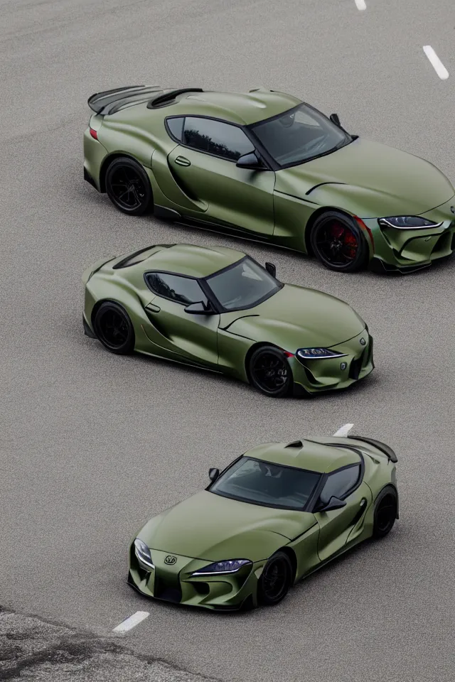 Image similar to Matte olive green Toyota Supra mk5 on highway, hyper realistic, car photography, 8k,